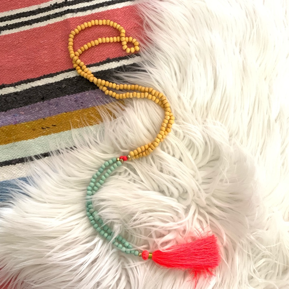 Boho beaded wood tassel necklace